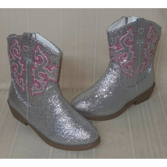 Cowboy Boots Silver Sparkle Glitter Youth Girl Size US 1 By Pawz NEW - Picture 2 of 5